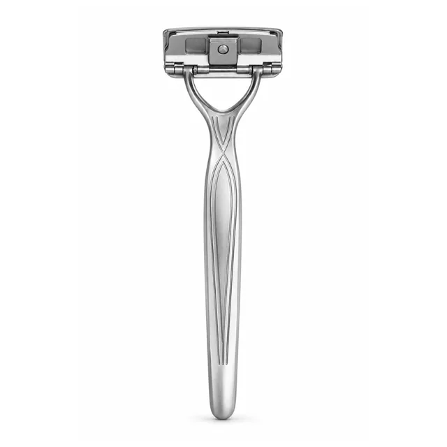 Back of the silver Oxley razor, showing the rear head, pivot and metal handle on a white background