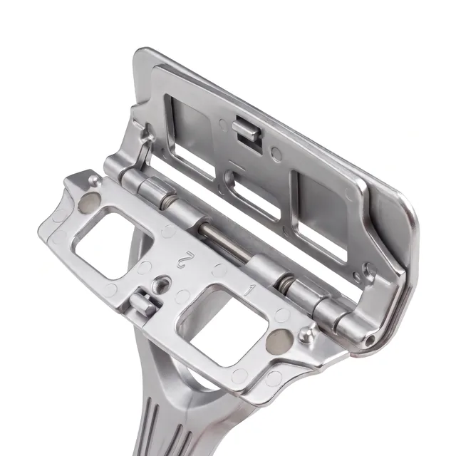 Silver Oxley razor head fully opened to show the inner blade-loading plates and hinges