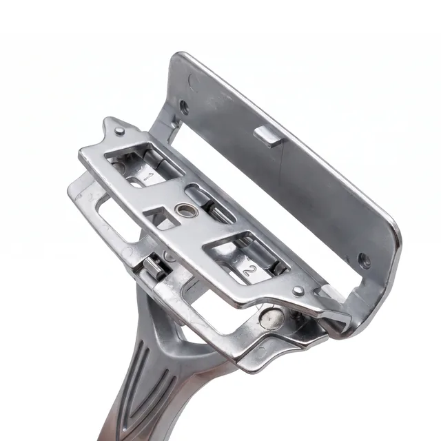 Open silver Oxley razor head showing the blade holder and hinged cap